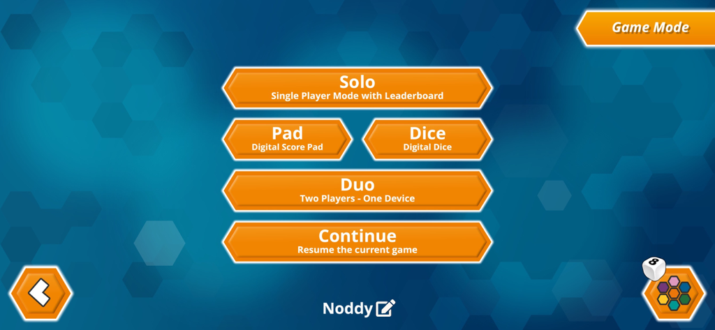 HexRoller - HexRoller main menu showing game modes like Solo, Duo, Digital Score Pad, and Digital Dice