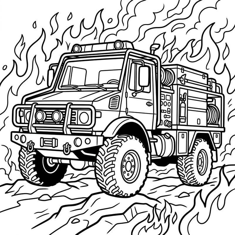 Ignite your imagination with this thrilling wildland fire engine coloring page! Featuring a powerful off-road vehicle ready to combat forest fires, it's perfect for aspiring firefighters and vehicle enthusiasts.