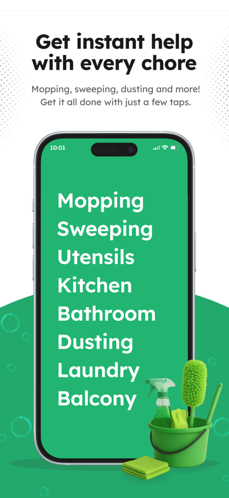 Pronto: House Help in 10 Mins - Smartphone screen showing the Pronto app with a list of household chores and a bucket of cleaning supplies