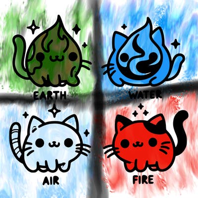 4 cats that represent the different elements, earth, water, air, and fire