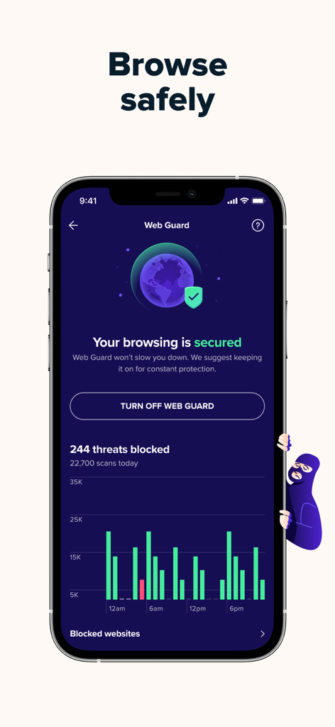 Avast Web Guard interface on an iPhone showing blocked threats and secure browsing status.