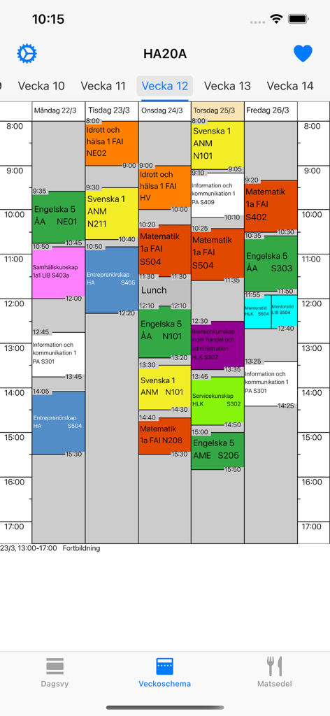 Skolschema – enkelt, smidigt - Mobile app interface showing a colorful weekly school schedule with class times and subjects
