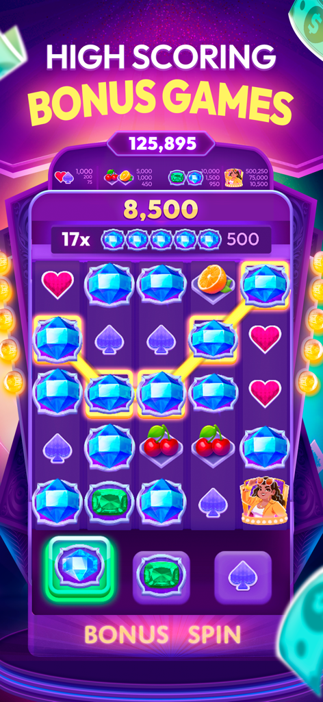 Blackout Slots: Skill Reels - Una pantalla de juego de bonificación con alta puntuación en Blackout Slots que muestra una cuadrícula de gemas coloridas y símbolos de frutas con una línea ganadora resaltada.