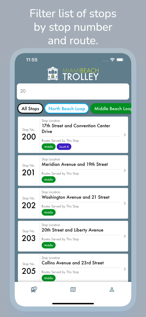 Ein Bildschirm aus der Miami Beach Trolley Tracker App, der eine Liste von Trolley-Haltestellen zeigt, die nach Route und Haltestellennummer gefiltert werden können.