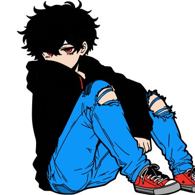 a male hoddie ripped jeans messy hair anime
