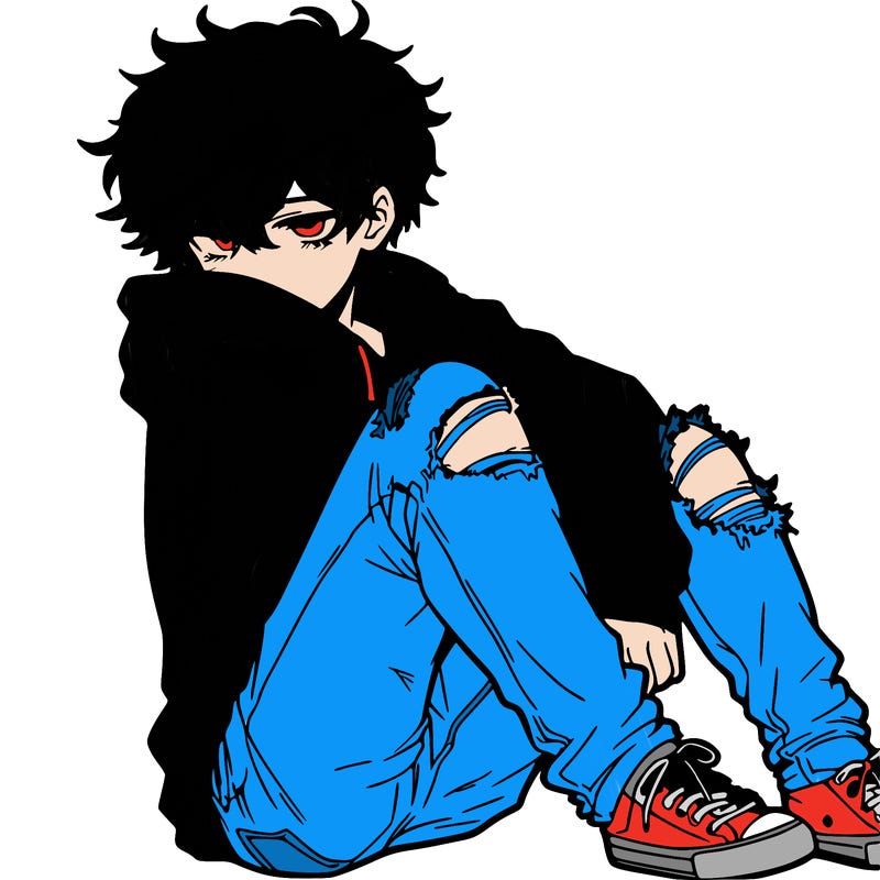 a male hoddie ripped jeans messy hair anime