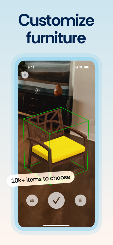 Smartphone screen showing augmented reality furniture customization in the Planner 5D app