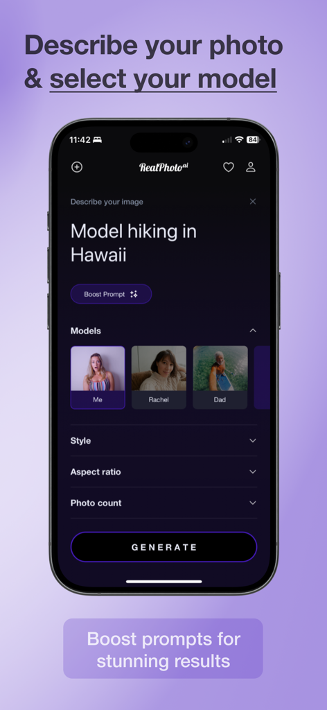 Real Photo AI Mobile App-Oberfläche mit Eingabefeld für die Eingabeaufforderung zum Wandern in Hawaii und Auswahl des Benutzermodells.