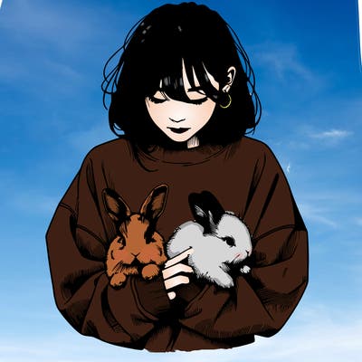 realistic girl with messy bunny baggy sweatshirt and holding bunnies