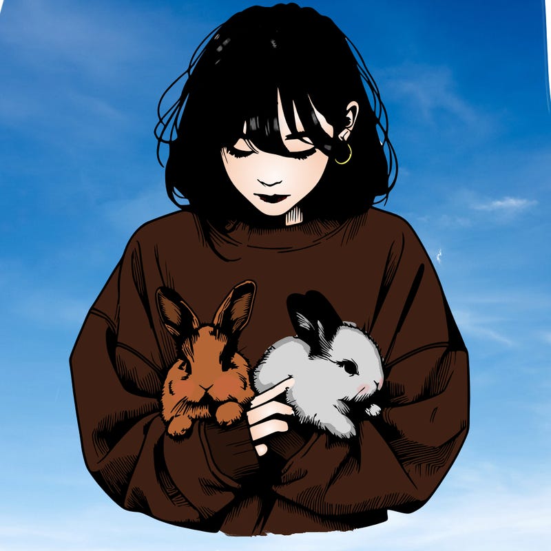 realistic girl with messy bunny baggy sweatshirt and holding bunnies