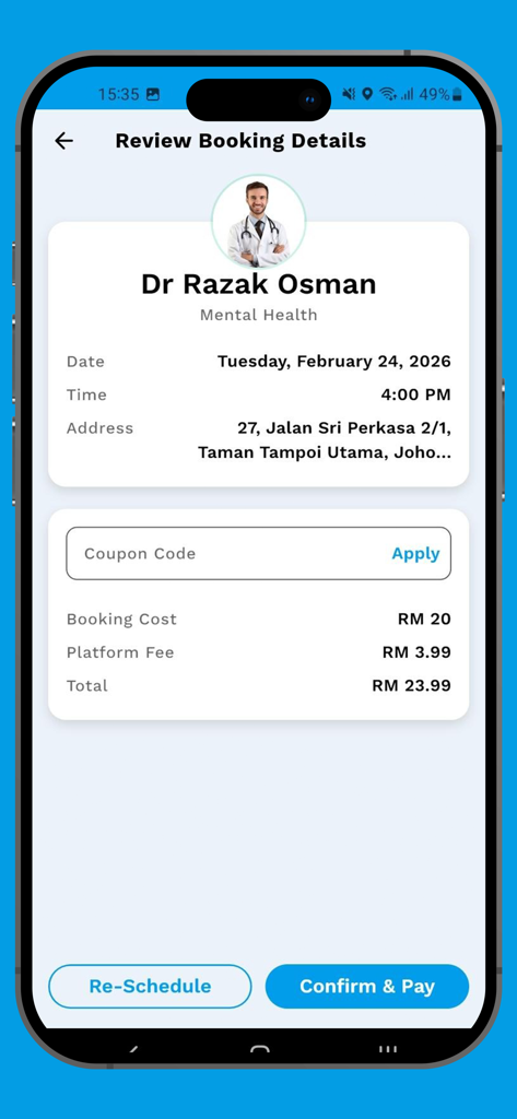 TeleCure - TeleCure app screen showing booking review details for a medical appointment with pricing information and confirm payment button