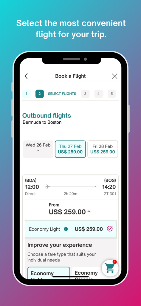BermudAir - Interface of the BermudAir app showing flight selection from Bermuda to Boston
