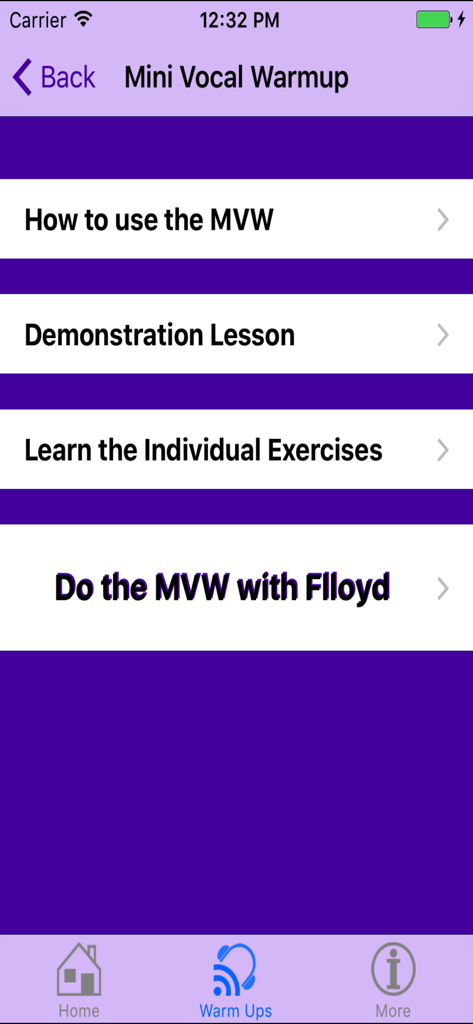 Being in Voice - The Mini Vocal Warmup menu in the Being in Voice app listing options for lessons and exercises.