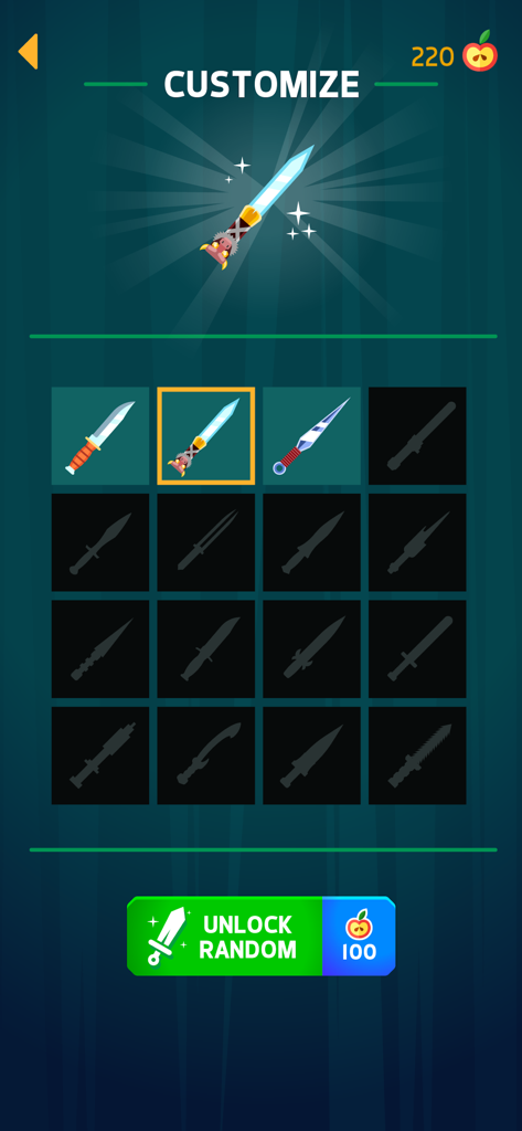 Knife Hit customization screen showing a collection of unlockable knife skins