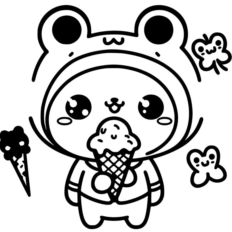a kawaii bear in a cute frog suit eating an ice cream cone