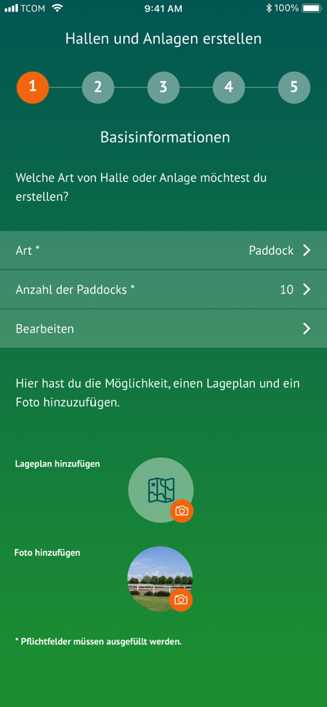 Setup screen for adding horse stable facilities and paddocks in the ReitZeit app