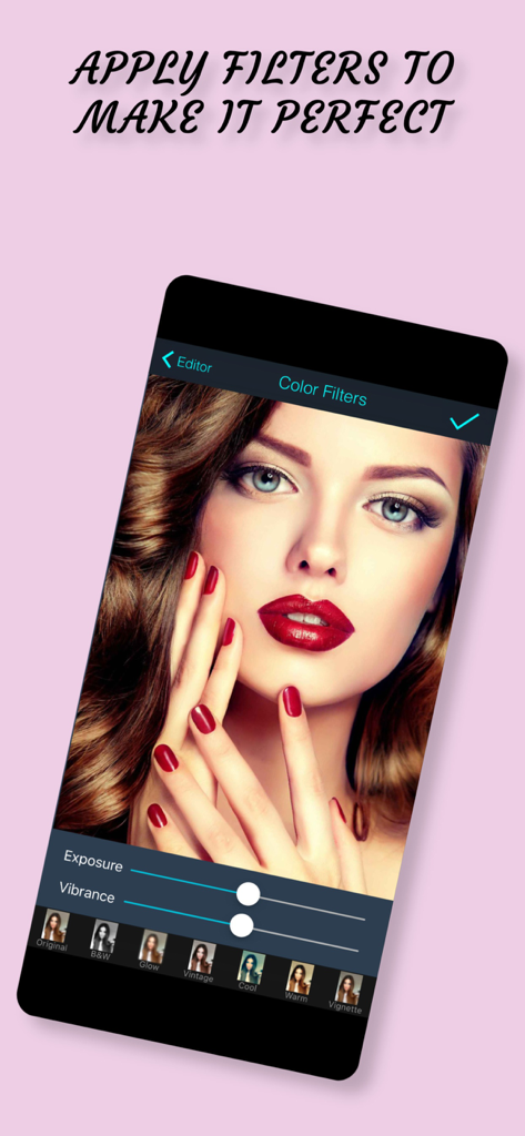 Eye Color Changer & Editor - Interface of the eye color editor app showing color filters and exposure adjustment sliders on a portrait photo
