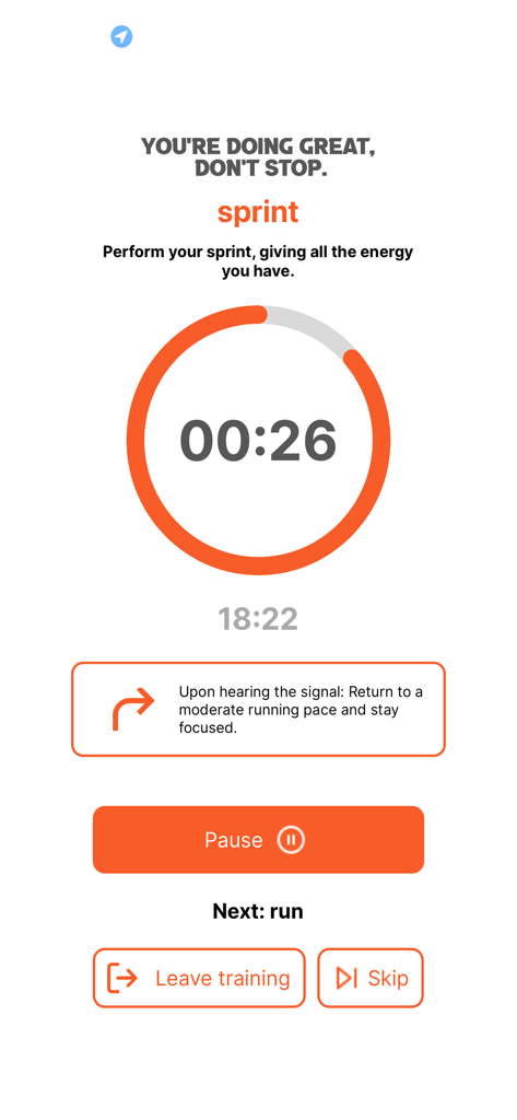 Pantalla de temporizador de intervalos de sprint dentro de la aplicación Match-Fit que muestra una cuenta regresiva de 26 segundos e instrucciones de rendimiento para jugadores de fútbol.