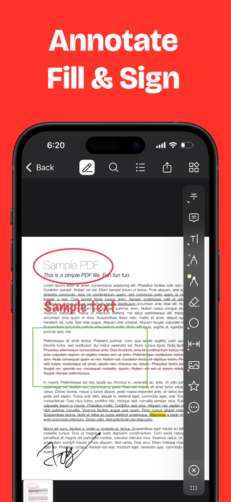 Interfaz de iPhone para anotar y firmar un documento PDF con herramientas de marcado.