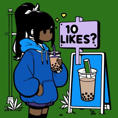 girl with oversized hoodie drinking boba and she has a high ponytail with a sign that says 10likes?