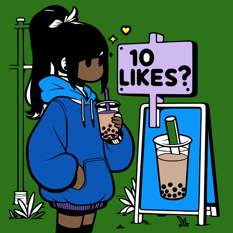 girl with oversized hoodie drinking boba and she has a high ponytail with a sign that says 10likes?