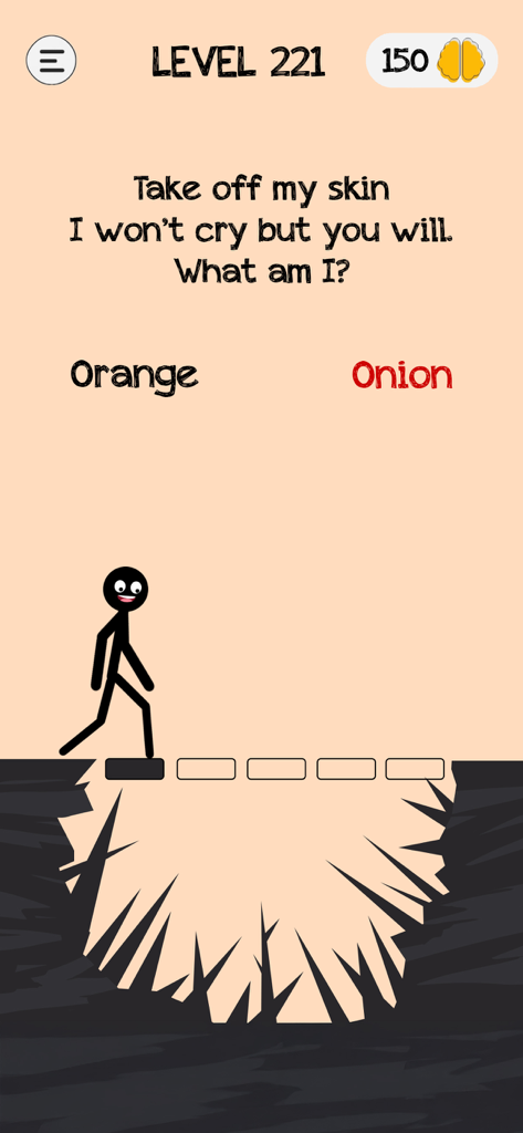 Un acertijo en el juego móvil Braindom preguntando qué tiene piel que te hace llorar cuando se le quita.