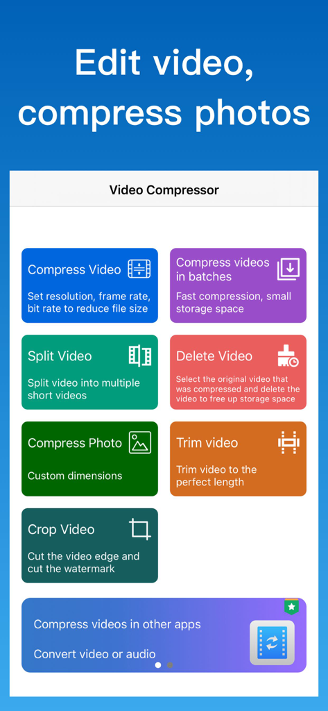 The main dashboard of the Video Compressor app displaying various video and photo editing tools
