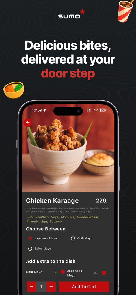 Sumo Restaurants - Sumo Restaurants App-Oberfläche, die einen Chicken Karaage-Menüpunkt mit Anpassungsoptionen für Mayonnaise und einer Schaltfläche zum Hinzufügen zum Warenkorb zeigt.