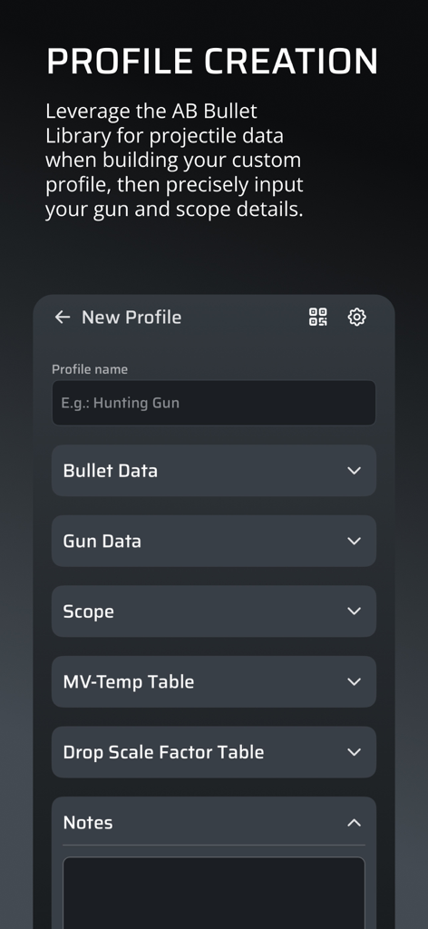 AB Quantumアプリ画面に、弾丸と銃器のデータセクションを含む新しい弾道銃器プロファイルを作成するための画面が表示されている