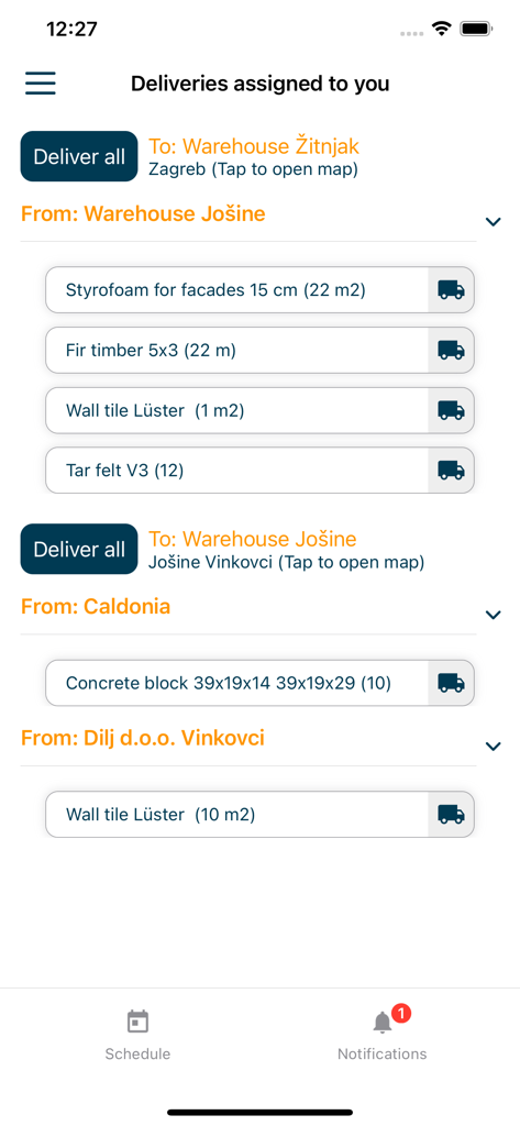 STAS Organizer - Interfaccia dell'app mobile STAS Organizer che mostra un elenco delle consegne di materiali assegnate, inclusi legname e piastrelle per cantieri edili.