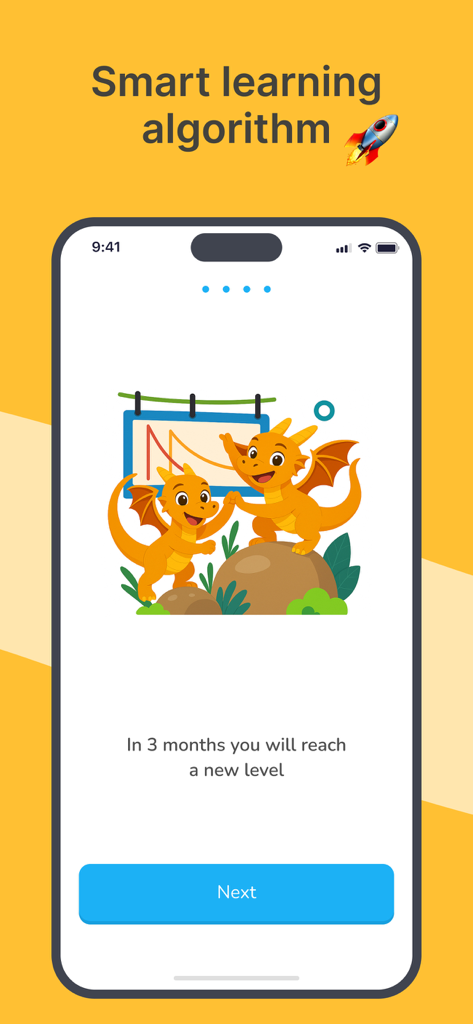 AI French Minute - AI French Minute app screen displaying a smart learning algorithm with a progress chart and cartoon dragons