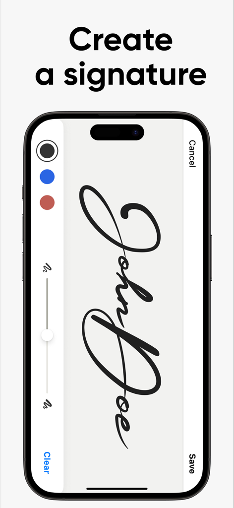 Interfaz de la app eSign mostrando a un usuario creando una firma digital en un iPhone