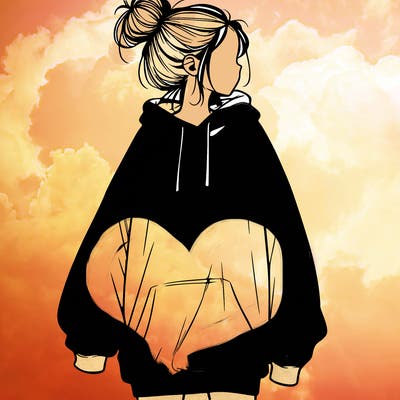 realistic girl with a oversized sweatshirt on and a bun