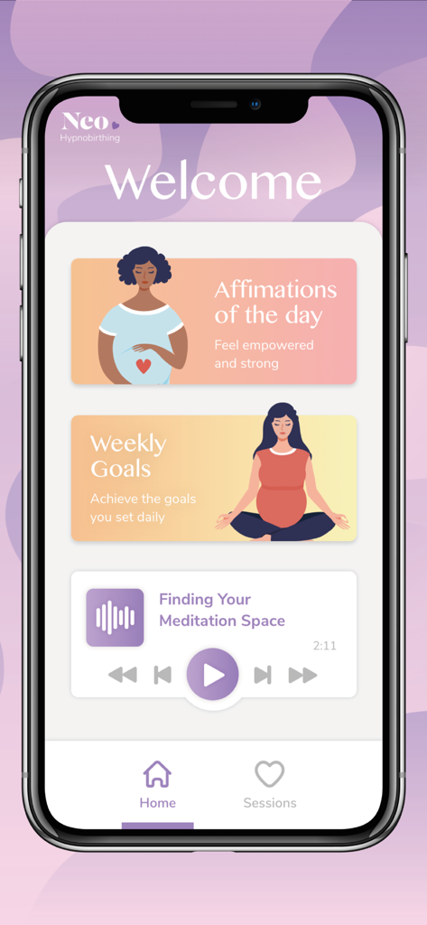 Neo Hypnobirthing - Pantalla de inicio de la aplicación Neo Hypnobirthing que muestra afirmaciones diarias, metas semanales y un reproductor de audio de meditación.