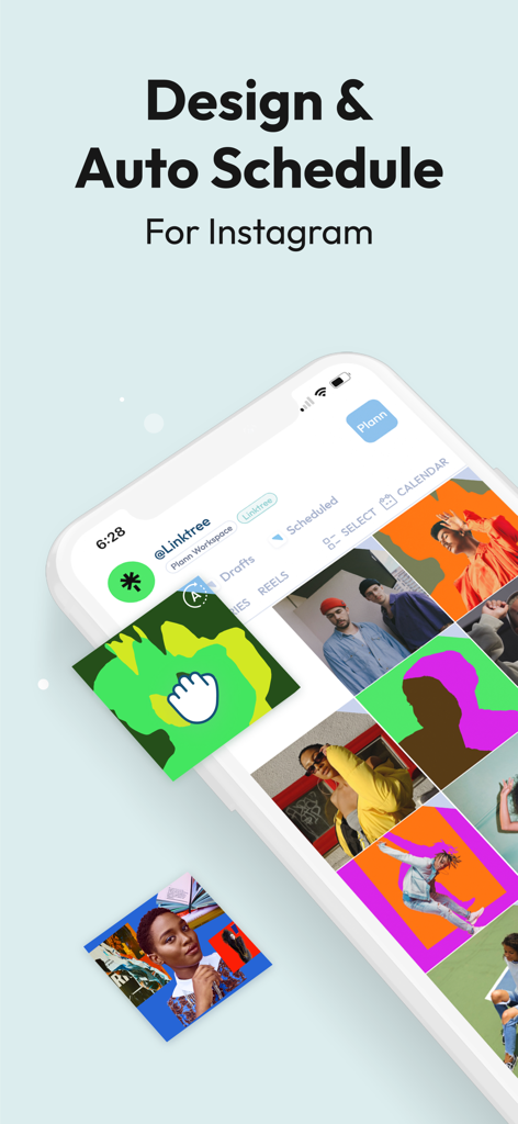 Plann: Preview for Instagram - Interface of Plann for Instagram showing a visual grid planner and scheduling tools