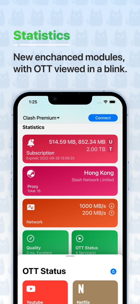 Stash - Rule Based Proxy - Interfaz de la aplicación Stash mostrando estadísticas de red, detalles del servidor proxy y estado de streaming OTT.