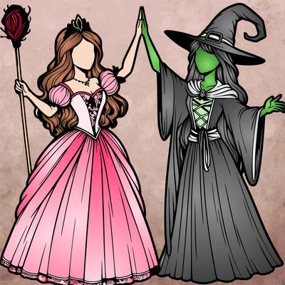 detailed realistic split of a princess and a witch