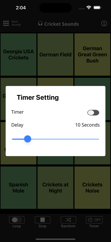 Timer-Einstellungsmenü in der mobilen Cricket Sounds App.