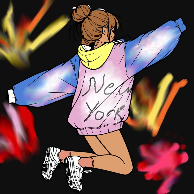 realistic girl jumping with a bun and oversized sweatshirt