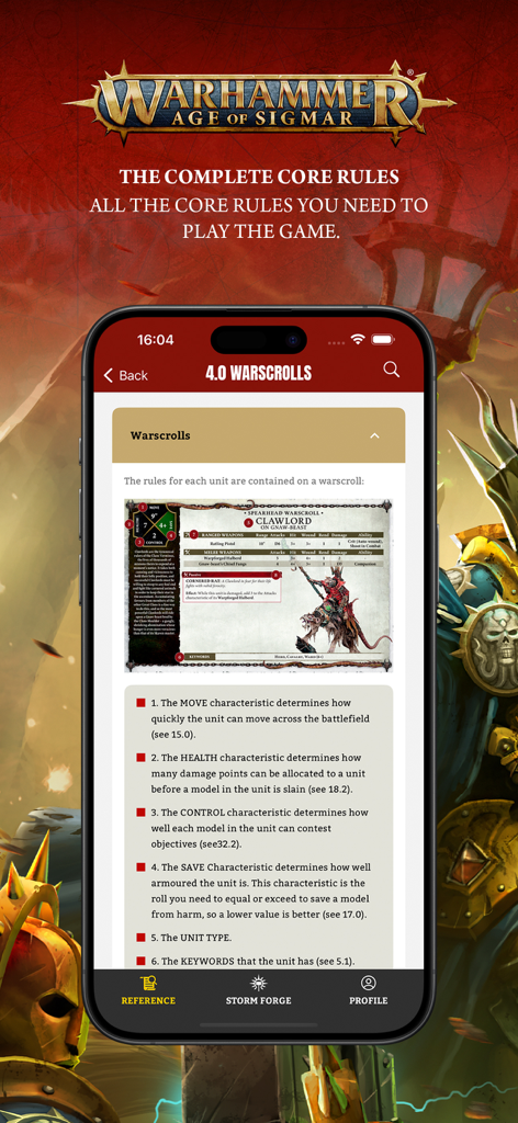 Screenshot of the Warhammer Age of Sigmar mobile app showing the core rules and unit warscrolls for tabletop gaming