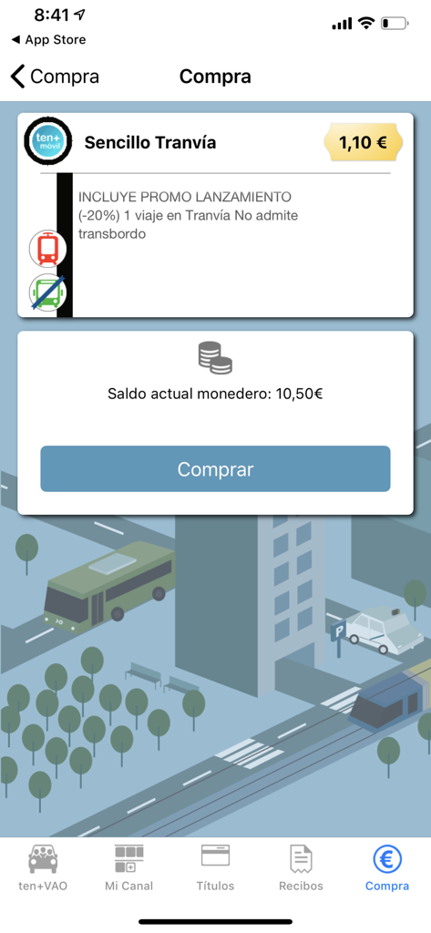 Interfaz de la aplicación Via Movil que muestra la pantalla de compra de un billete de tranvía individual en Tenerife