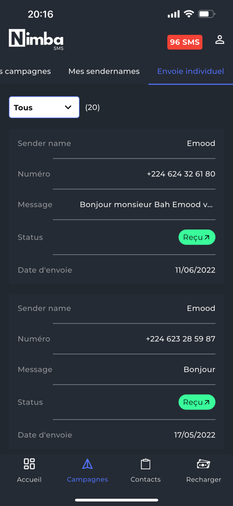 Nimba SMS - A screen showing the delivery status and history of individual SMS messages in Nimba SMS
