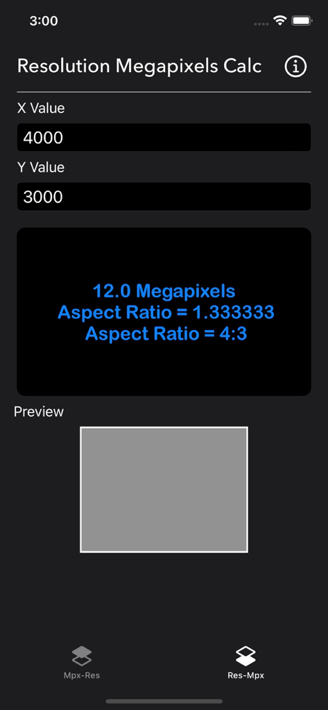 Megapixels Resolution Calc - Megapixels Resolution Calc app interface calculating megapixels and aspect ratio from image dimensions.
