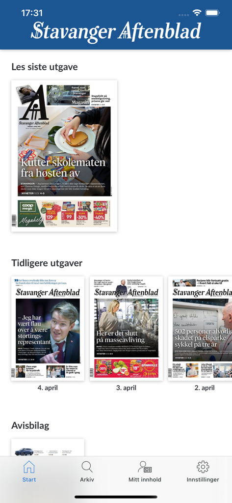 Aftenbladet E-avis - The Aftenbladet E-avis app home screen displaying the latest and archived newspaper editions.