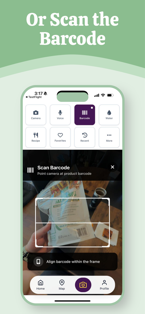 Last Calorie - A interface do aplicativo móvel Last Calorie mostrando o recurso de scanner de código de barras para registrar rapidamente informações nutricionais de embalagens de alimentos.