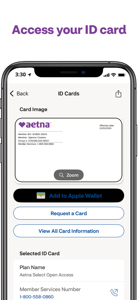 Aetna Health - Aetna Health app screen showing a digital insurance ID card and Add to Apple Wallet button