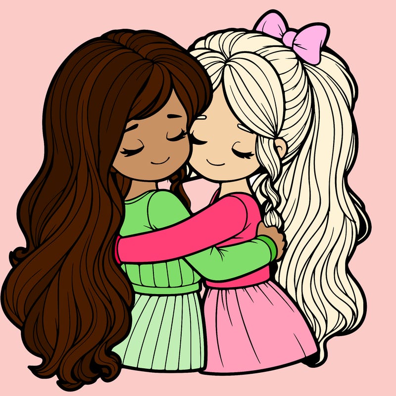 two girls hugging. one with hair down, one with ponytail
