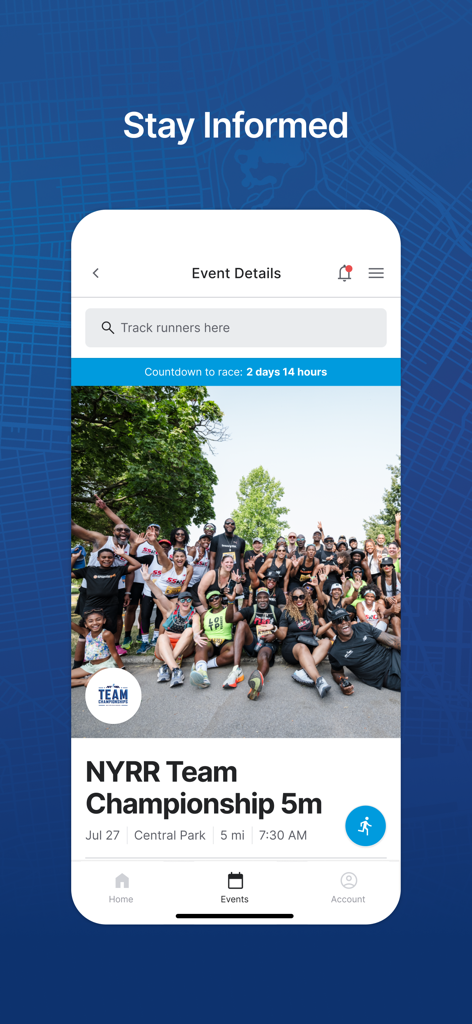 New York Road Runners - New York Road Runners app displaying event details for the NYRR Team Championship 5m race in Central Park