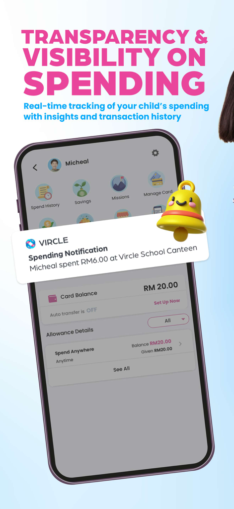 Vircle app interface showing real-time spending notifications and tracking for parents
