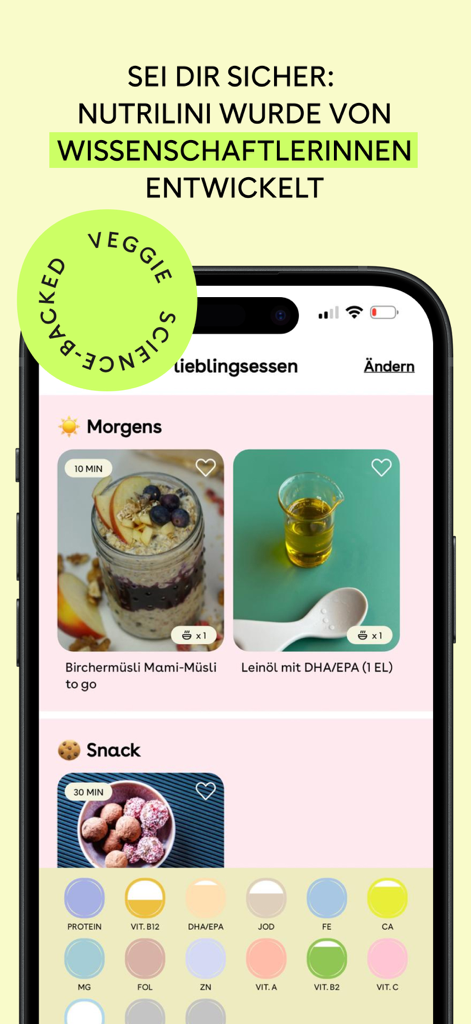 Nutrilini - Familienernährung - Nutrilini mobile app showing healthy recipes and nutrient tracking for families